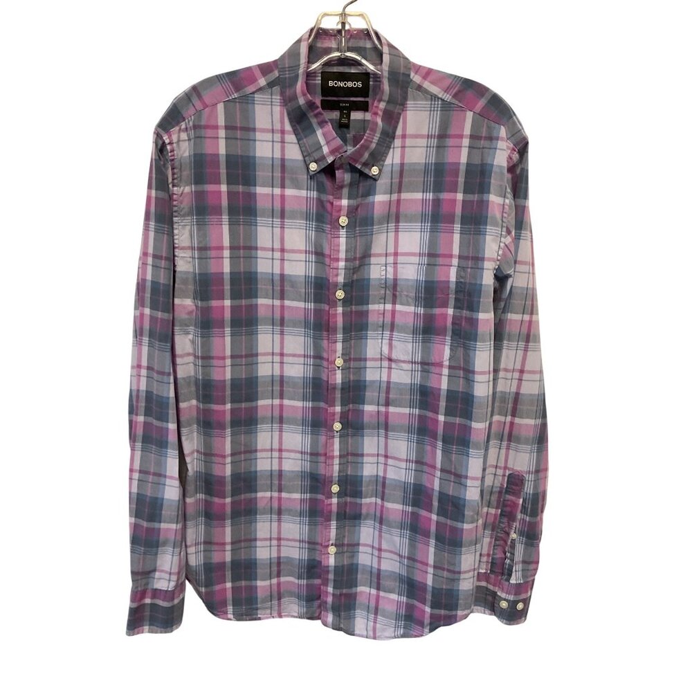 Bonobos Mens Slim Fit Long Sleeve Button-Down Shirt Plaid Purple/Blue Size Large